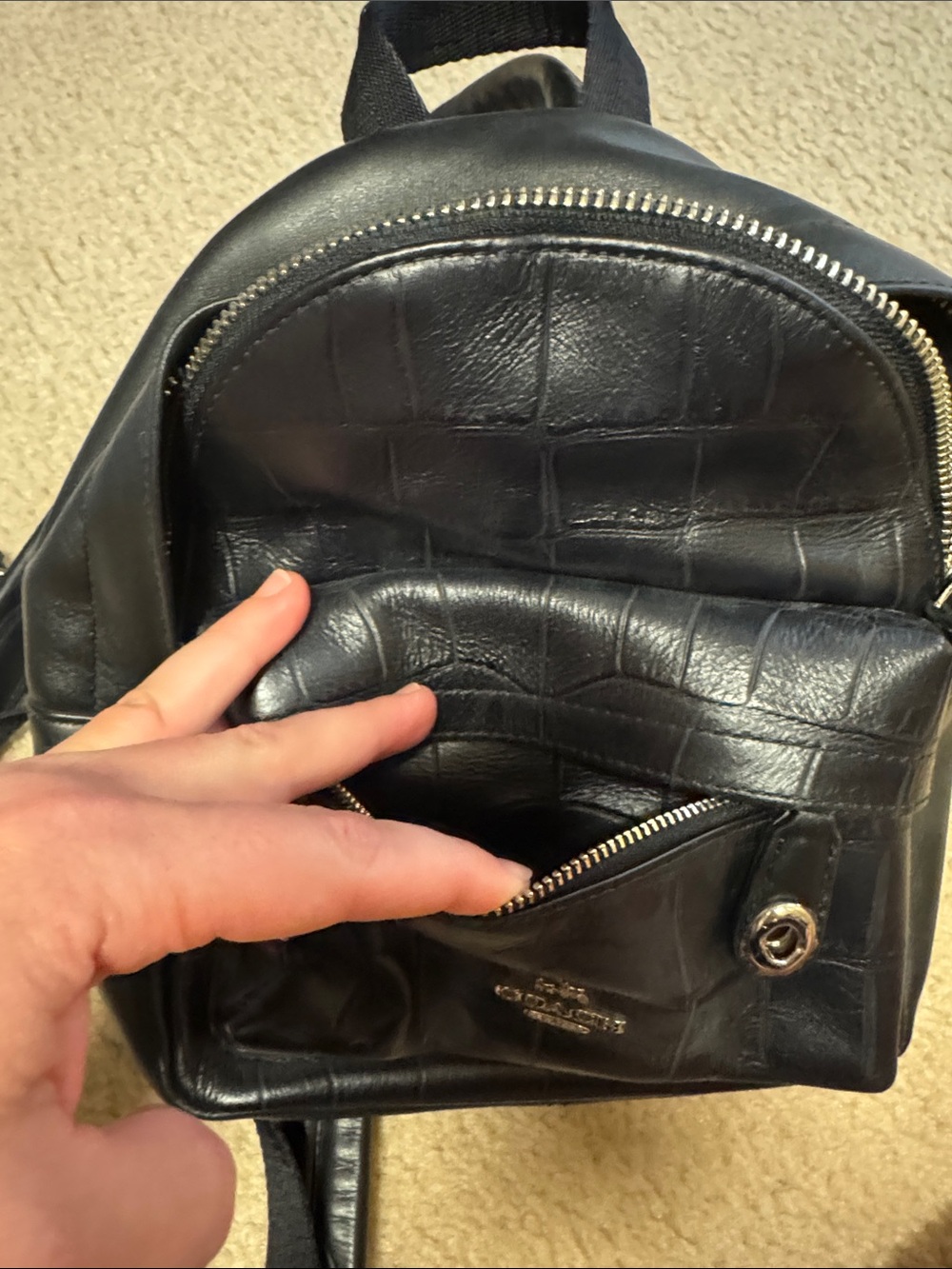 Coach Black Croc-Embossed Leather Mini Backpack with Front Pocket - Picture 6 of 8